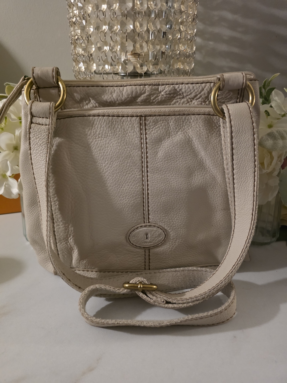 Fossil Cream Pebbled Leather Crossbody with Gold Hardware